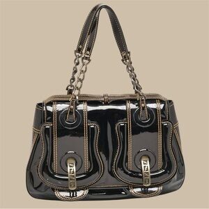 Fendi Black Patent Leather B Shoulder Hobo Bag New Condition Authentic
